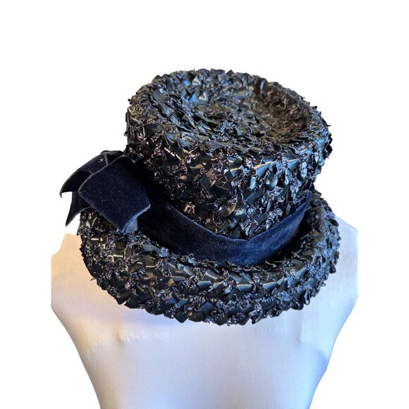 Vintage 60s Navy Blue Raffia Bucket Hat With Velvet Bow - Picture 5 of 7